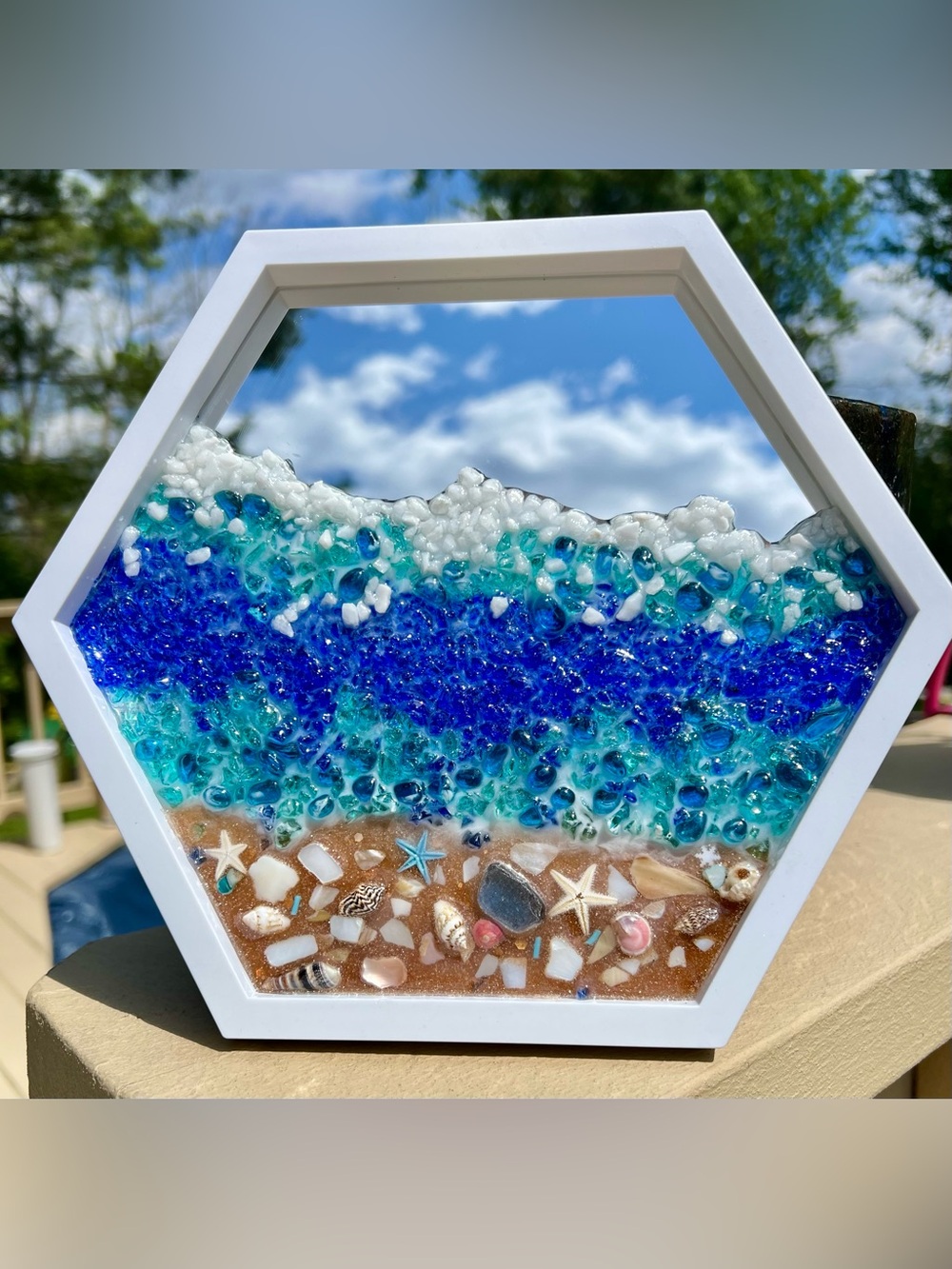Hand made coastal Resin mirror with crushed Glass details, Hex white Frame.
